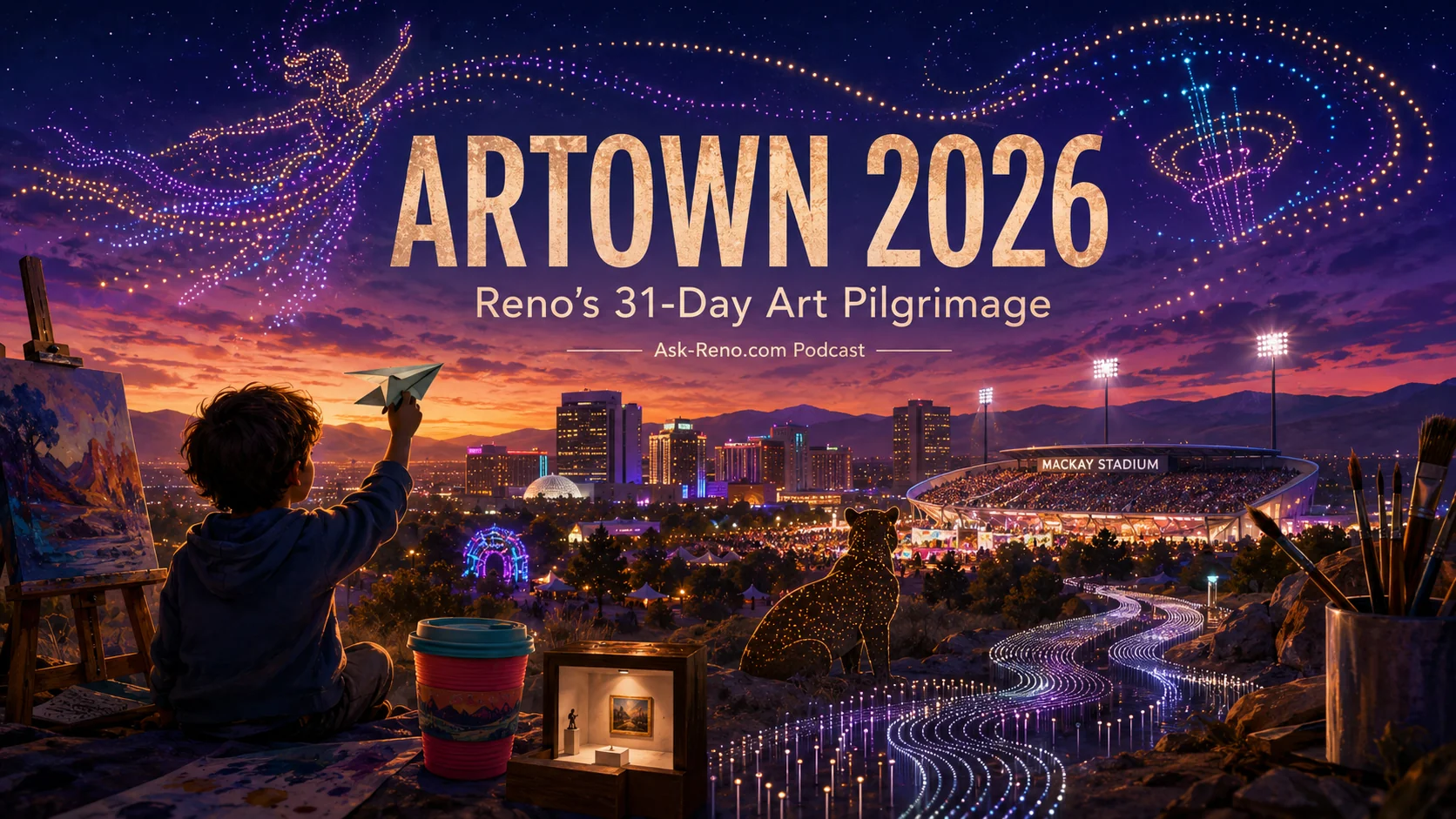 Artown 2026: Reno's 31-Day Art Pilgrimage — drone light show painting fairy and guitar shapes over the downtown Reno skyline at twilight, with Mackay Stadium, Wingfield Park festival lights, and a young artist holding a paper plane in the foreground. Artown 2026: Reno's 31-Day Art Pilgrimage — drone light show painting fairy and guitar shapes over the downtown Reno skyline at twilight, with Mackay Stadium, Wingfield Park festival lights, and a young artist holding a paper plane in the foreground.